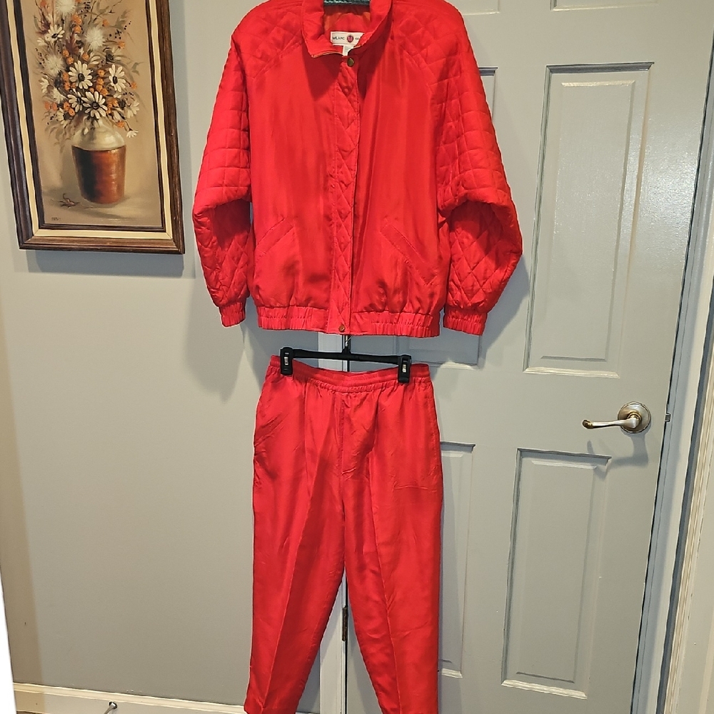 VINTAGE Milano Sport Vibrant Red 100% Silk Jogging Suit Jacket Medium Retro